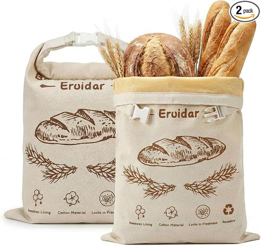 Beeswax Bread Bags for Sourdough & Homemade Bread (2 Pack), XL 13"x17" Large Reusable Cotton & Linen Bread Bag, Keep Loaves Fresh Longer, Natural & Easy to Clean(Rustic Bread Print)