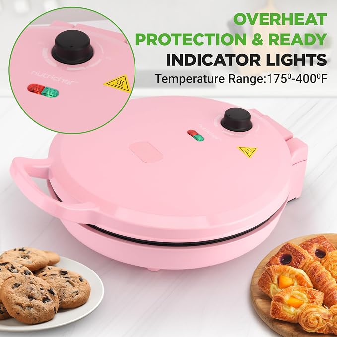 NutriChef Countertop Pizza Maker | 1500W Non-Stick Electric Pizza Cooker | Make 12" Personal Pizzas, Eggs, Toast, Quesadillas & More | Cool-Touch Handles & Space Saving | Temp Range 175-400°F | Pink