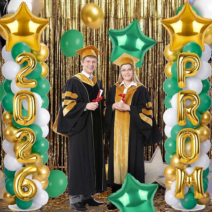 2 Sets Graduation Balloon Column Stand Kits with 132 PCS Green Gold White Latex Balloons 2026 Letters 6.5 Ft Adjustable Metal Tube Telescopic Tower Pillar with Base for Graduation Party Decoration