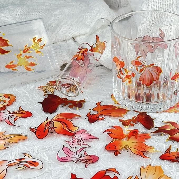 Goldfish Stickers with Gold Holographic Outlines, 50Pcs Glitter Shiny Koi Waterproof Decorative Decals for Scrapbooking Supplies Junk Journal Bullet Journals Planners (colourful-B13)