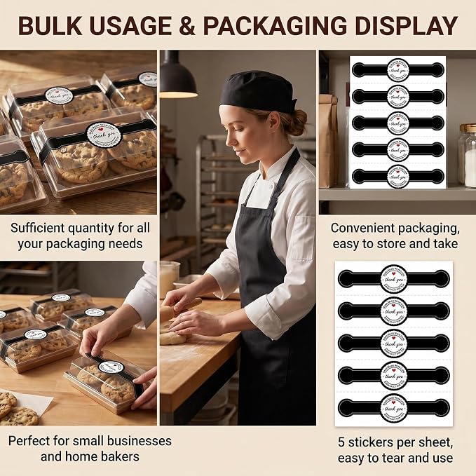 100 Pcs Food Baking Stickers Decorative Bakery Stickers Packaging Self Adhesive Tamper Evident Sealing Labels Decals Tag for Cakes Dessert Cookies Coffee(Black)