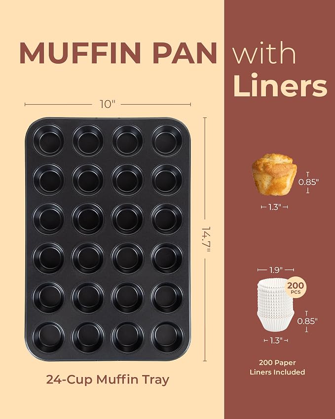 CARTMAN 24-Cup Mini Muffin Pan with 200 Paper Liners, Non-Stick Carbon Steel Mini Muffin Tin for Even Baking, Ideal for Cupcakes, Egg Bites, and Party Treats