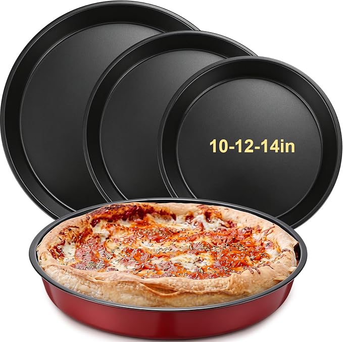 Mifoci 3 Pack Chicago Style Deep Pizza Pan, 10/12 / 14 Inch Nonstick Round Pizza Pan for Oven Carbon Steel Bakeware for Cookie Cakes, Thick Crust Pizzas Oven Safe Trays
