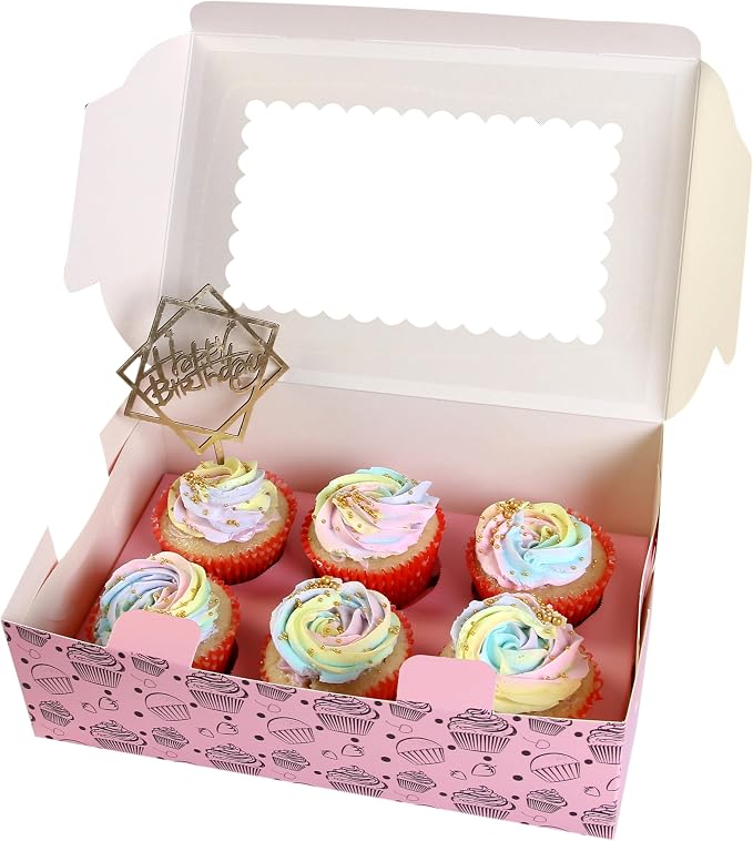 Cupcake Boxes with Insert trays (Pack of 20), Pink Cupcake Carrier, Food Grade Bakery Boxes with Windows and Inserts to Fit 6 Cupcakes Muffins or Pastries