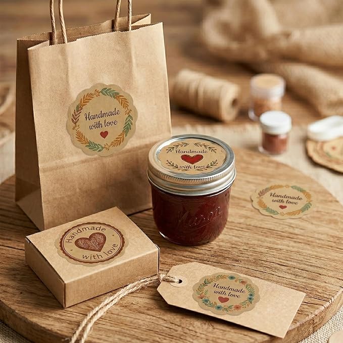 Handmade with Love Stickers Roll, 500 Kraft Paper Labels, 1.5 Inch Floral Scalloped Envelope Seals for Small Business Packaging, Baking, Gift Wrapping, Mason Jars