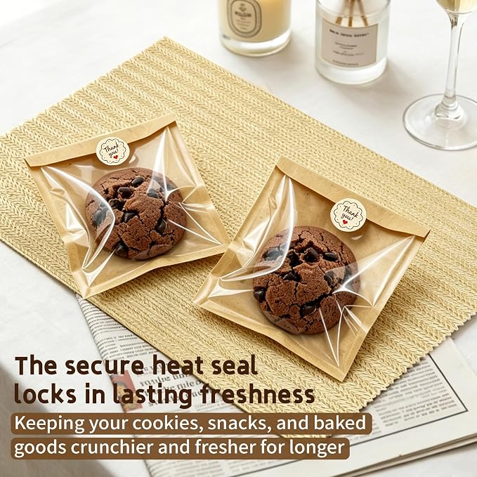 Cookie Packaging Bags with Seal- 100PCS 5.7x6.5 Inch Paper Bakery Bags with Window,Heat Sealable&Grease Resistant To Go Bake Sale Sleeves for Snack,Brownie,Treat, Donut,Cake Slice, Scone