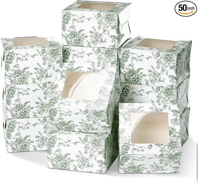 50 Pack Sage Green Floral Cookie Boxes with Window, Chinoiserie Small Bakery Treat Boxes for Pastry Donuts Macaroon Cupcakes, Wedding Bridal Shower Birthday Tea Party Baby Shower Favors