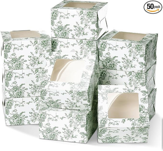50 Pack Sage Green Floral Cookie Boxes with Window, Chinoiserie Small Bakery Treat Boxes for Pastry Donuts Macaroon Cupcakes, Wedding Bridal Shower Birthday Tea Party Baby Shower Favors