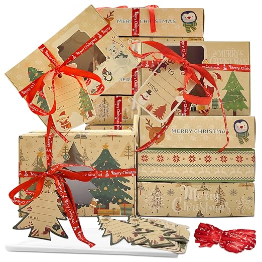 12 Packs Christmas Cookie Boxes with Window,Bakery Treat Boxes Gift Baking Box Christmas Kraft Gift Boxes with Ribbons and DIY Gift Tags for Gift Giving, Pastry, Candy, Party Favors (Small)