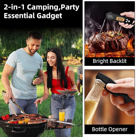 Meat Thermometer Waterproof Food Thermometer with Backlight and Calibration for Kitchen, Outdoor Grilling and BBQ (Black)