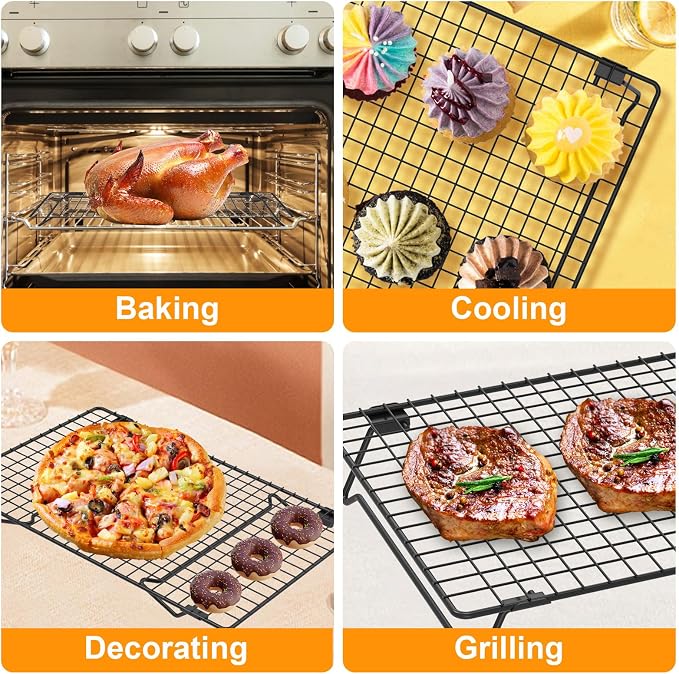 16.85" × 11" Stackable Cupcakes Cooling Racks – 2-Pack Nonstick Carbon Steel Baking Racks with Collapsible Legs, Perfect for Cooking, Roasting, Grilling, Drying & Cooling Cookies