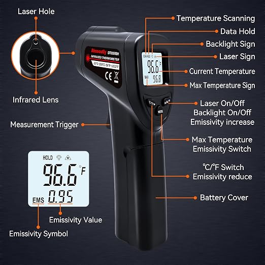 Infrared Thermometer Temperature Gun (NOT for Humans) -58℉~1022℉ (-50℃～550℃) Non-Contact Laser Instant-Read Digital Laser Infrared Ir Thermometer with Backlight(Black)