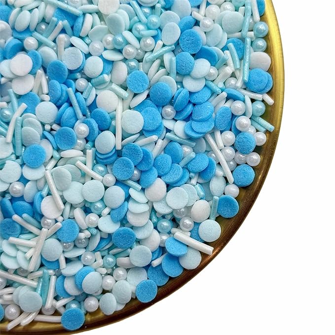 CandiJumpin Light Blue and White Pearl Sprinkles, Edible Pearls and Jimmies Mix Baby Blue and White Sprinkles Crunchy Jimmies Edible Pearls for Cake Decorating Pearl Decoration for Baking Baby Shower Party Birthday Wedding Christmas Supplies 3 OZ