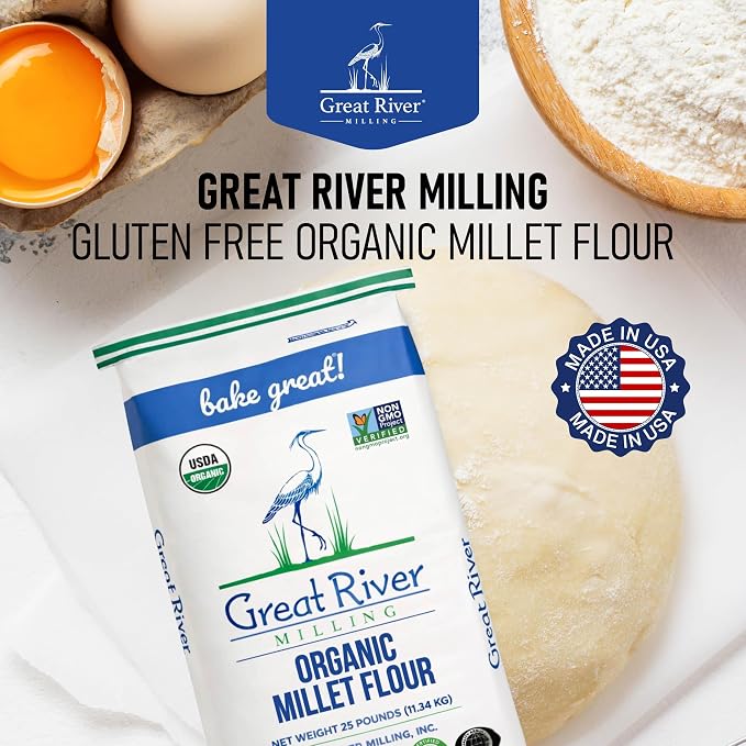 Great River Milling Organic Millet Flour | USDA Organic, Naturally Gluten Free, Non-GMO, Vegan, Kosher | Mild, Nutty Flavor for Baking, Flatbreads, Pancakes & Porridge | 25 Lb