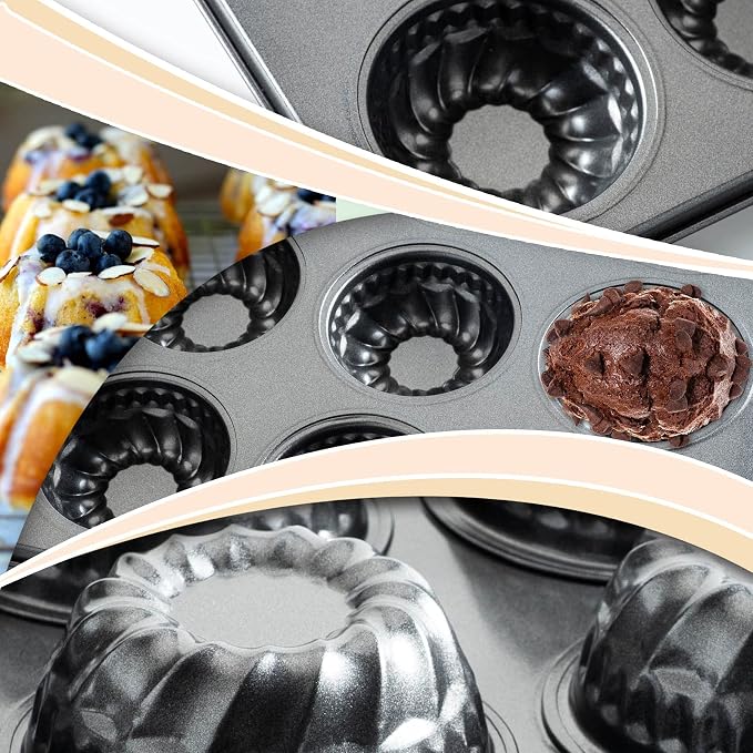 Mini Bndt Cake Pan, Nonstick Brownie Bowl Pan, 12-Cavity Fluted Small Round Cake Mold for Fall Baking & Thanksgiving Muffin Bavarois
