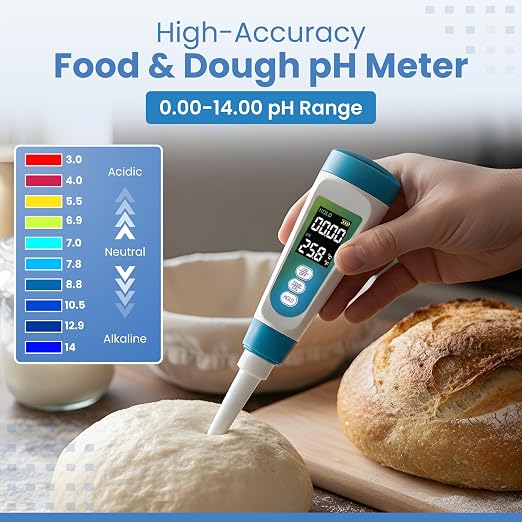 Digital pH Meter for Food - Professional pH Tester with Spear Probe for Sourdough, Fermentation, Hot Sauce, Canning, Cheese, Salami, Kimchi, Kombucha - Water-Resistant Kit with pH Calibration Powders