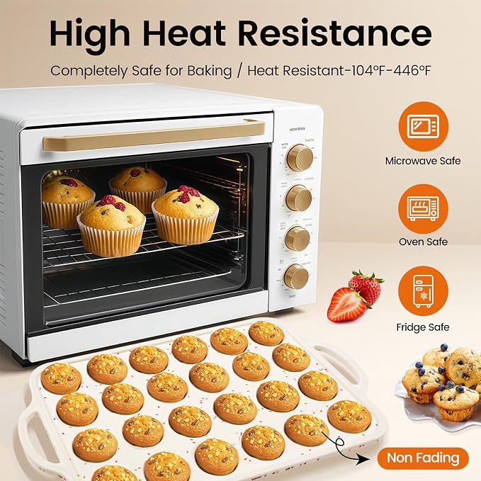 Silicone Muffin Pans With Metal Reinforced Frame - 24 Cups Durable Silicone Baking Pan for Muffins, Cupcakes, BPA Free and Dishwasher Safe - Beige with Rainbow Spots, Set of 2