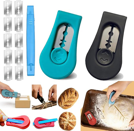 2pcs Magnetic Bread & Sourdough Lame Tool Set, Scoring Tool for Sourdough Bread, 10pcs Stainless Steel Blades, 2-in-1 Magnet Box Cutter, Multi-Use for Baking Office Picnics Kitchen Home (Blue&Black)