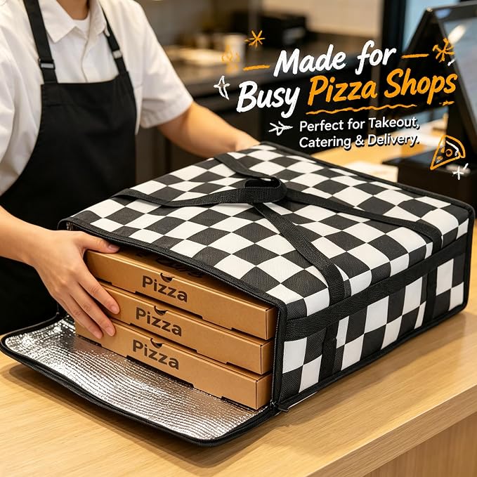 Checkered Pizza Bags for delivery, Black White Checkerboard Insulated Pizza Delivery Bag, Pizza Warmer Bag Pizza Carrier for Food Delivery Bag 20’’x20’’x6’’
