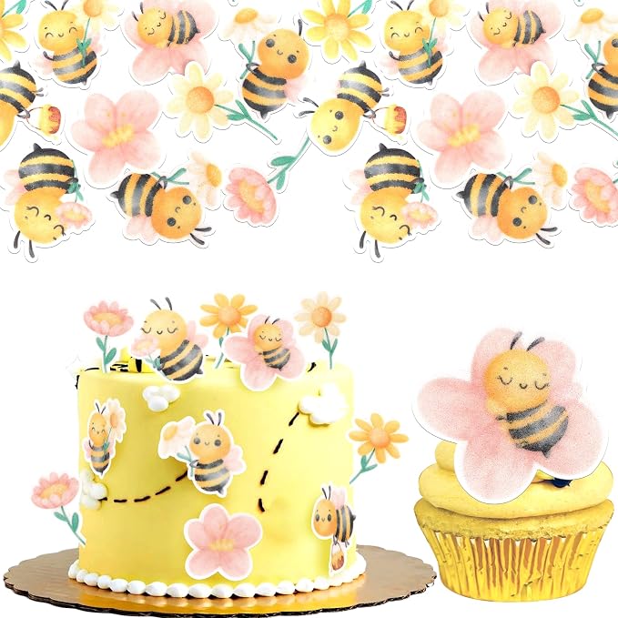 63 PCS Edible Bumble Bee Cupcake Toppers Wafer Paper Oh Babee Honey Bee Cupcake Picks Edible Sunflower Cupcake Decorations for Gender Reveal Baby Shower Kids Birthday Party Cake Decorations Supplies
