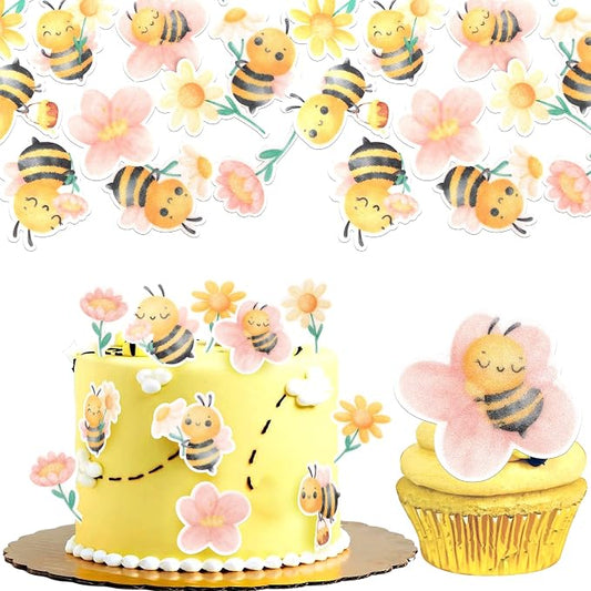 63 PCS Edible Bumble Bee Cupcake Toppers Wafer Paper Oh Babee Honey Bee Cupcake Picks Edible Sunflower Cupcake Decorations for Gender Reveal Baby Shower Kids Birthday Party Cake Decorations Supplies