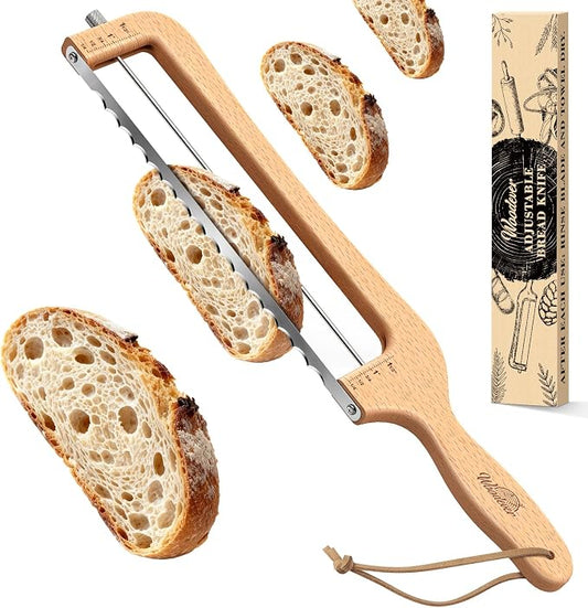Woodever Adjustable Bread Knife for Home Use, Wooden Sourdough Bread Slicer for Homemade Bread with Bow Design, Premium Stainless Serrated Bread Cutter for Bagels and Baguettes-Natural
