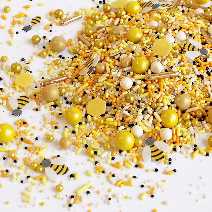 Sprinkle Pop Honey Bee Sprinkle Mix| Yellow Gold Sprinkles with ~10 Bees Honeycomb Wafer Papers, Black Pops and Cream Hues| Summer Sprinkles Made in USA for Decorating Cakes Cupcakes Cookies, 2oz