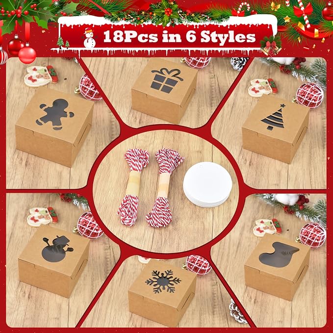 COTOPHER 18Pcs Christmas Cookie Boxes with Window, 4x4x2.5 inch Brown Bakery Boxes for Gift Giving, Mini Cake Boxes Holiday Pastries Boxes for Cakes Muffins Donuts Chocolate Strawberries