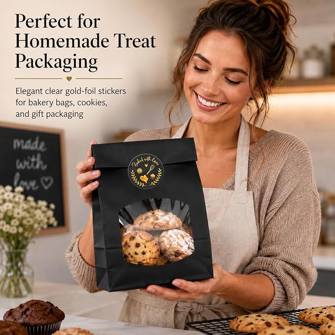 100 Baked with Love Stickers, Bakery Stickers, Baking Stickers & Cookie Stickers for Homemade Treats, Sourdough Bread, Pastry Packaging, Clear Gold Foil Labels for Small Business & Gift Bags, 1.6 Inch