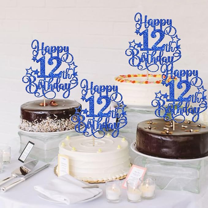 1 PCS Happy 12th Birthday Cake Topper Glitter Cheers to 12 Years Birthday Cake Pick Hello 12 Fabulous Cake Decoration for Happy 12th Birthday Anniversary Party Decorations Supplies Blue