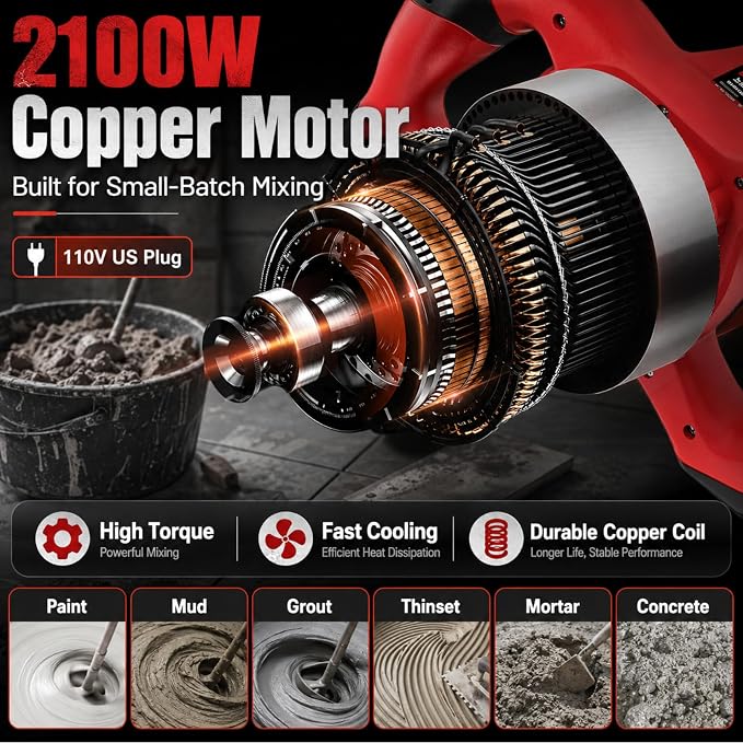 2100W Cement Mixer, 110V 6-Speed Handheld Electric Concrete & Mortar Mixer with Paddle, Copper Motor Mud Mixer for Paint, Grout, Thinset, Drywall Mud, Self-Leveling Cement and DIY Home Projects