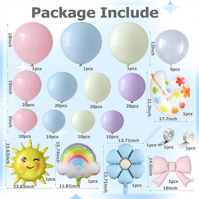 Macaron Pastel Rainbow Balloon Arch Kit,136Pcs Blue Dog Balloon Decor with Rainbow Sun Foil Balloons for Gender Neutral Baby Shower Birthday Kindergarten Classroom Fairy Tale Party Decor
