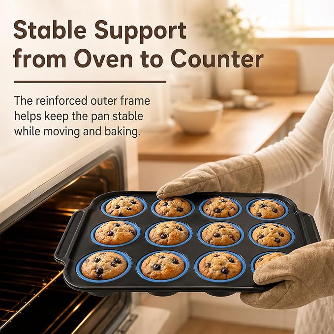 2 PCS Silicone Muffin Pans for Baking with Metal Reinforced Frame, Muffin Tin Egg Bites Mold 12-Cup Regular Size, Nonstick Muffin Cups Tray Easy to Pop Cupcake Pan for Oven & Dishwasher Safe - Blue