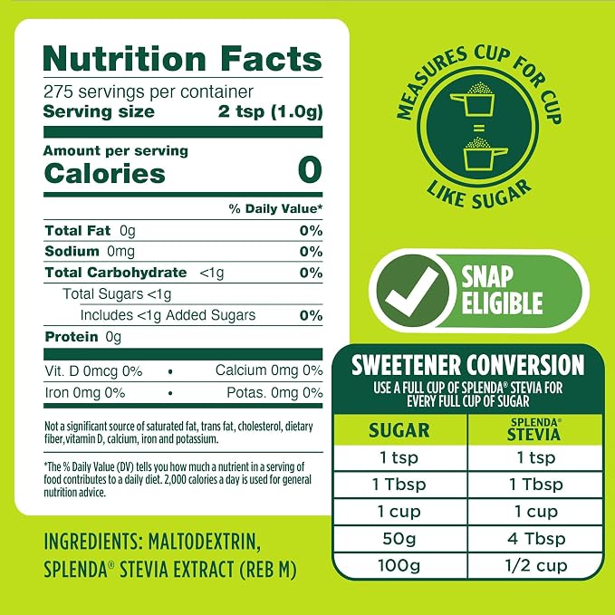 SPLENDA Stevia Zero Calorie Sweetener for Baking, Plant Based Sugar Substitute Granulated Powder, 9.7oz Resealable Pouch (Pack of 2)