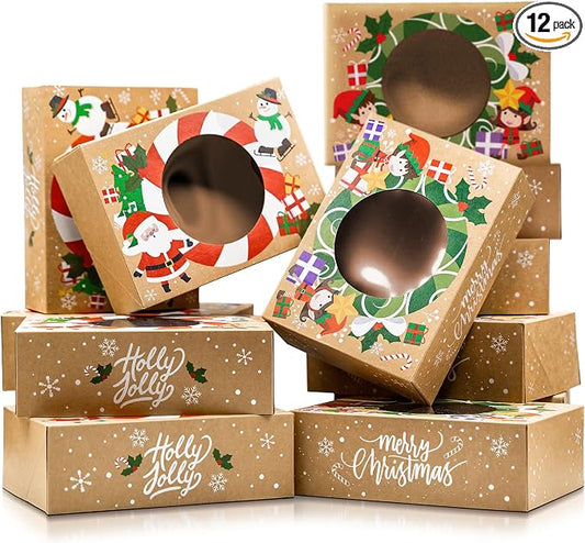 Christmas Cookie Boxes for Gift Giving - 12 Kraft Christmas Cookie Tins With Lids - Sturdy Christmas Treat Boxes, Christmas Tins - Festive Christmas Cookie Box Packaging - Cookie Boxes with Window