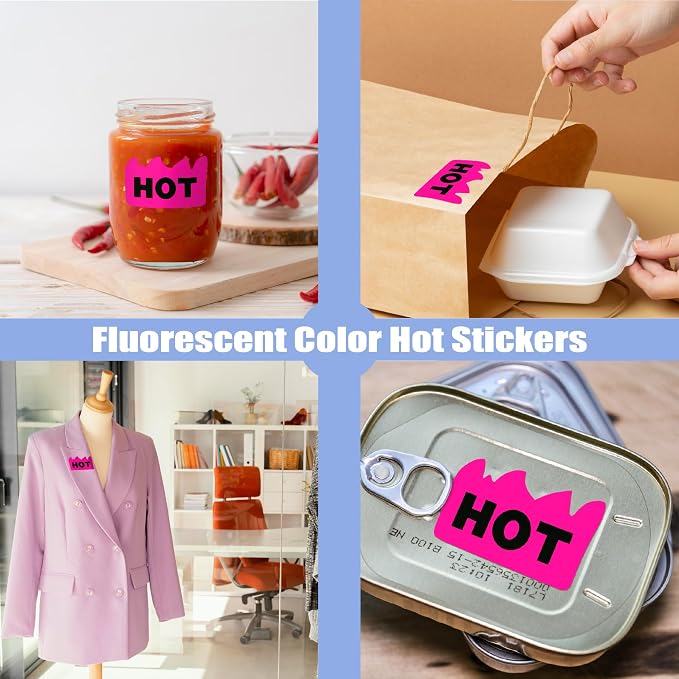 Hybsk 500pcs Rave Hot Stickers 2 x 1-1/5 Inch Fluorescent Hot Flame Fire Shape Labels Marking for Restauresent Supermarkets Stores Shops (Fluorescent Pink)