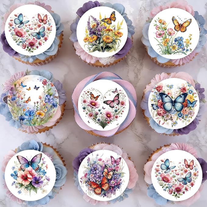 Edible 36PCS Flower Cupcake Toppers Wafer Paper Butterfly Floral Baby Shower Cake Decorations Edible Spring Flower Cupcake Toppers for Floral Theme Birthday Party Decoration