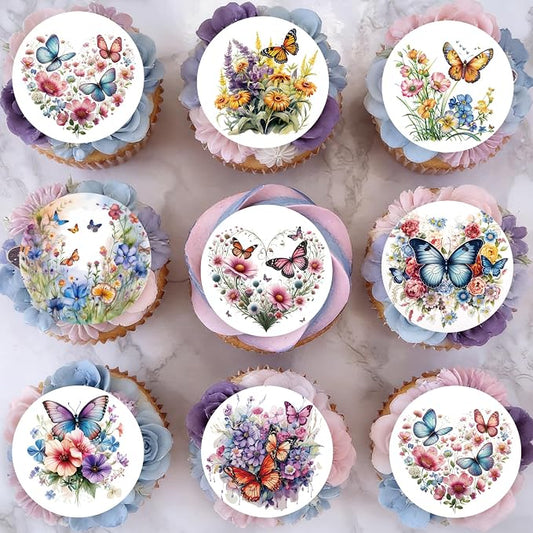Edible 36PCS Flower Cupcake Toppers Wafer Paper Butterfly Floral Baby Shower Cake Decorations Edible Spring Flower Cupcake Toppers for Floral Theme Birthday Party Decoration