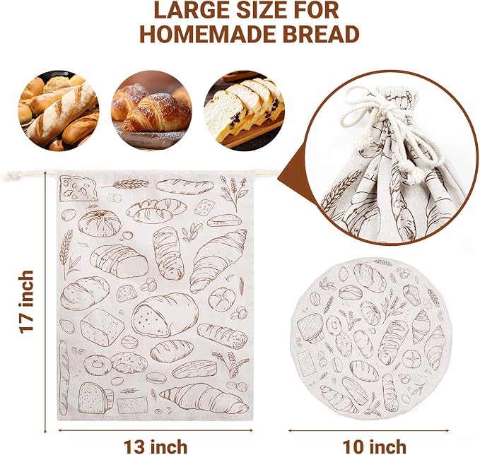 Large Reusable Linen Bread Bag and 10'' Bowl Cover with Plastic Liners for Bread Storage & Sourdough Proofing