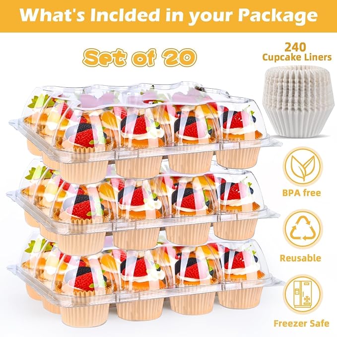 Plastic Cupcake Containers 12 Count (20 Sets), Stackable Cupcake Boxes Holders with Tall Dome Lid, Disposable Cupcake Carrier Trays Include 240 Cupcake Liners