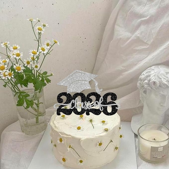 1 Pack Class of 2026 Cake Topper Glitter Congrats Grad Cap 2026 Graduation Cake Pick for 2026 Graduation Theme High School Boys Girls Graduate Party Cake Decorations Supplies Black Silver