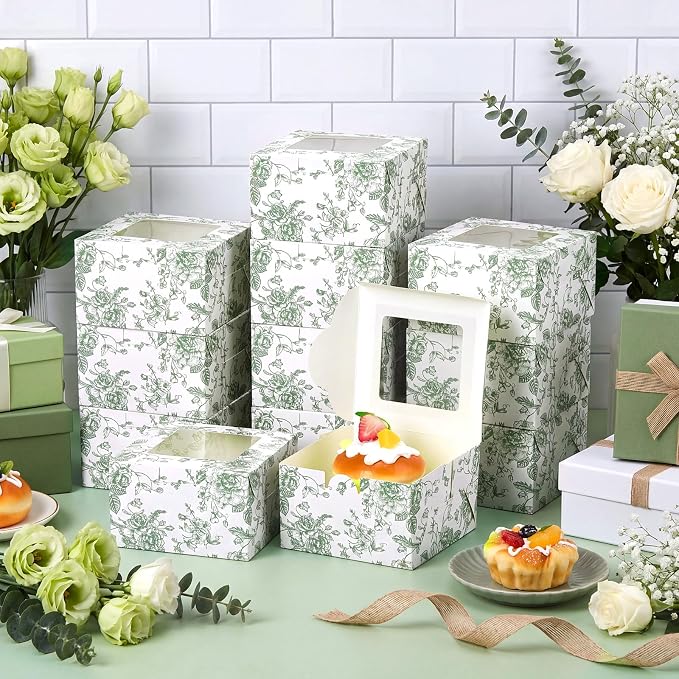 50 Pack Sage Green Floral Cookie Boxes with Window, Chinoiserie Small Bakery Treat Boxes for Pastry Donuts Macaroon Cupcakes, Wedding Bridal Shower Birthday Tea Party Baby Shower Favors