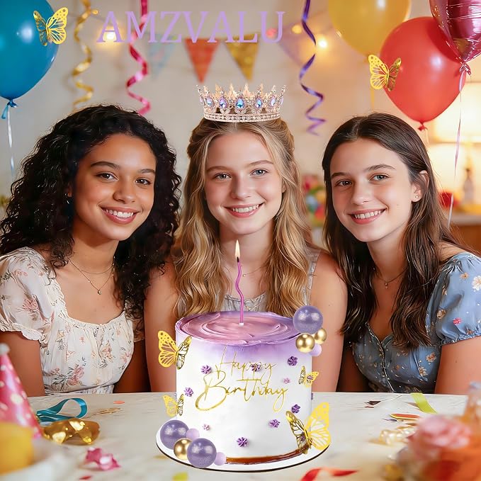 Crown Cake Topper, Purple Crown Balls Happy Birthday Cake Toppers Candles Butterfly, Corona Para Pastel, Crown Cake Decorations for Women Queen Princess (Rose Gold, Moonlight Purple)