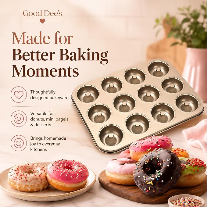 Good Dee's Nonstick Donut Pan for Baking 12 Cavity - Carbon Steel Donut Baking Pan for Muffin, Cake, Dessert & Mini Bagel | Doughnut Bakeware for Oven Baking | Mold Donut Trays Easy Clean & Non-Stick