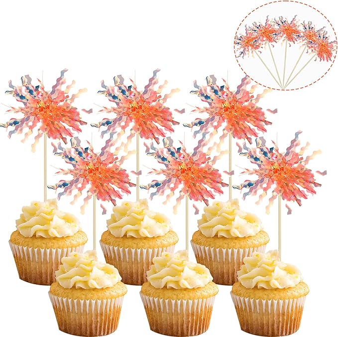 Gyufise 30Pcs Foil Firework Cupcake Toppers Sparkle Tinsel Cake Toppers Tinsel Drink Cake Decoration Cocktail Picks for Birthday Wedding Graduation Party Supplies Orange