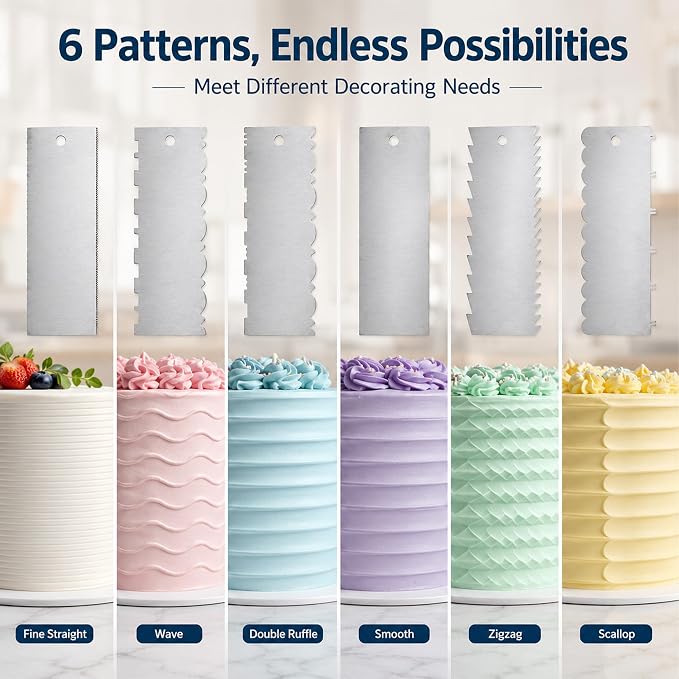 Stainless Steel Cake Scraper Set 6 Piece Multifunctional Set | 6 Patterns Cake Decorating Tools for Smoothing Frosting Edging | Professional Buttercream Scraper Icing Comb for Home Baker