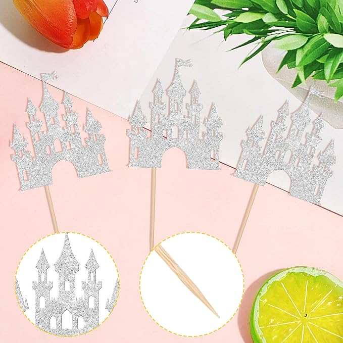 24 PCS Princess Castle Cupcake Toppers Glitter Princess Cupcake Toppers Queen Castle Theme Birthday Party Cake Decoration for Girls Princess Baby Shower Birthday Party Decorations Supplies Silver