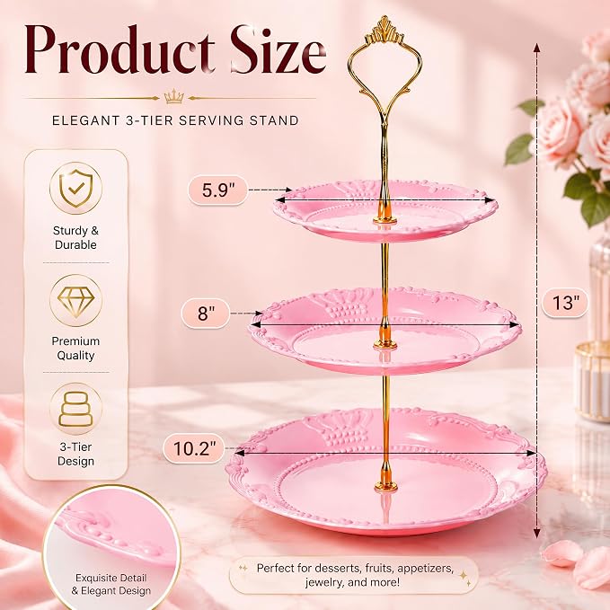 Fasmov 3 Pack 3 Tier Plastic Cupcake Stand, Dessert Plates Cake Fruit Candy Display Tower Reusable Pastry Platter for Wedding Birthday Baby Shower Tea Party Decorations - White Pink Green