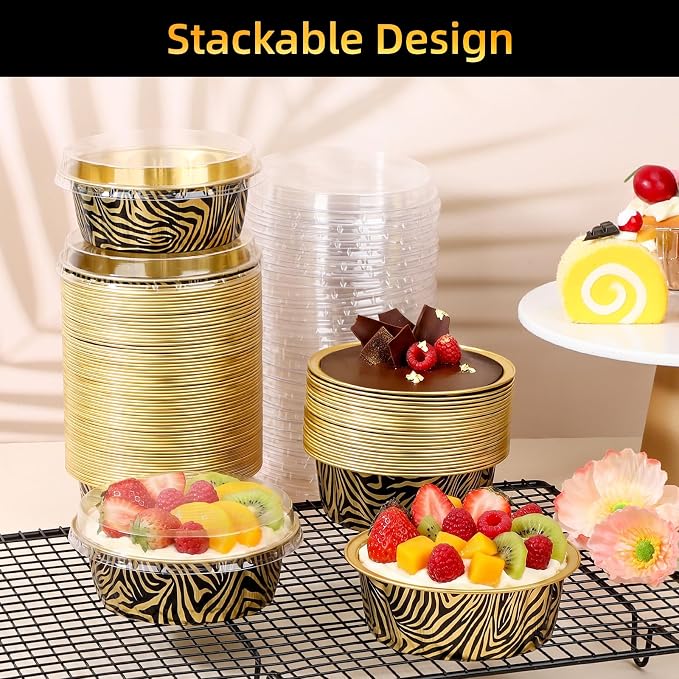 Beasea 8oz Disposable Ramekins with Lids, 120 Pack 235ml Aluminum Foil Baking Cups, Round Muffin Mini Creme Brulee Cups Tins Individual Cupcake Containers for Party Party - Tiger Stripes