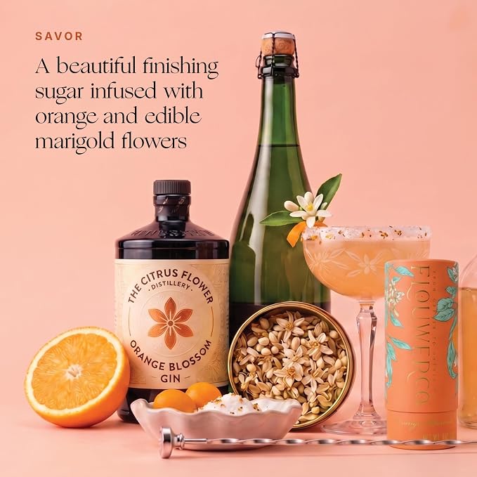 Flouwer Co Finishing Sugar with Edible Flowers, Artisinal, Handmade, Garnishing Topper with Dried Flowers, Decorative, Finished Orange Blossom Sugar, 3 oz